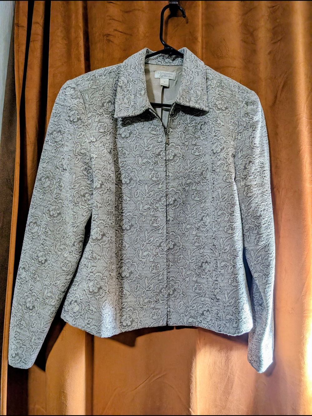 Christopher & Banks Light Gray Floral Jacquard Zip Jacket